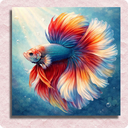 Colorful Betta fish with vibrant red, blue, and orange colors on a light pink background. Betta Fish - Paint by numbers