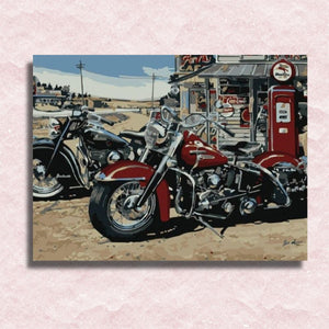 Bikes Resting at Petrol Station Canvas - Painting by numbers shop
