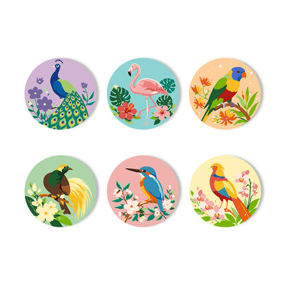 Six circular illustrated stickers or magnets featuring different colorful birds and floral scenes, arranged in two rows on a plain white background. Bird Garden Coasters - 6 Pack Paint by Numbers