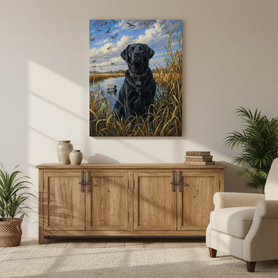 Living room with a wooden sideboard, white sofa, and a painting of a black dog in nature.