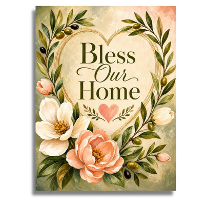 A decorative wall art print featuring the phrase “Bless Our Home” inside a large heart, surrounded by green leaves, peach and cream flowers, and small green olives on a textured beige background. Bless Our Home - Paint by numbers