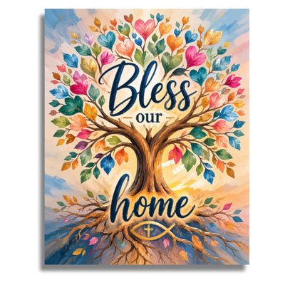 Colorful tree with 'Bless our home' text on a white background. Bless Our Home - Paint by numbers