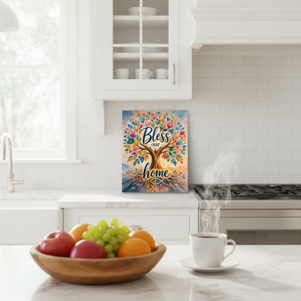 Kitchen scene with a decorative wall art piece, fruit bowl, and steaming cup of coffee.