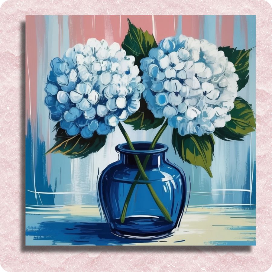 Painting of blue and white hydrangeas in a blue vase against a colorful background. Blue Hydrangea Duo - Paint by numbers