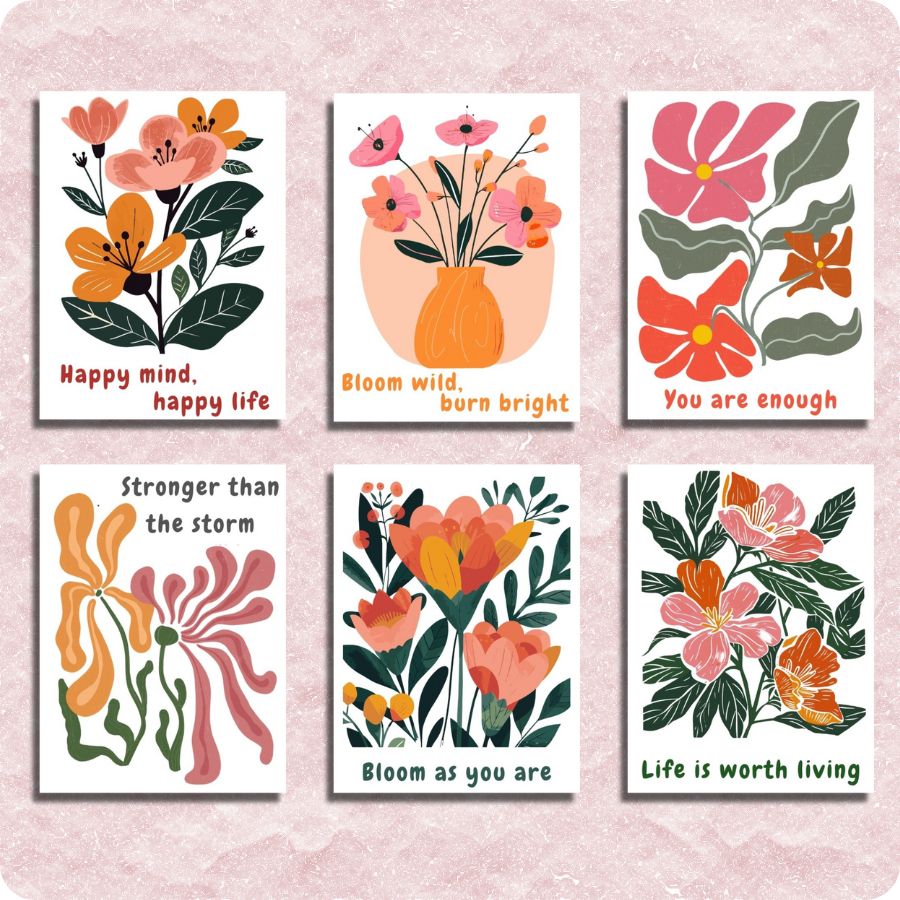 Set of six floral cards with motivational phrases on a pink background. Boho Flowers 6 Pack Paint by Numbers