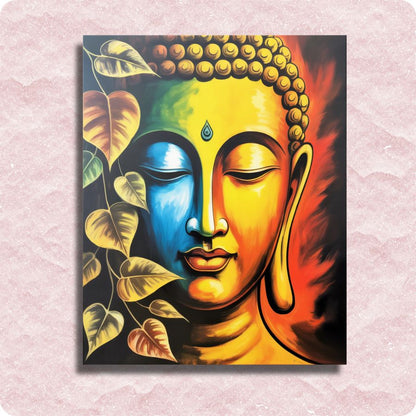 Colorful depiction of Buddha's face with leaves on a textured pink background. Buddha Paint by Numbers