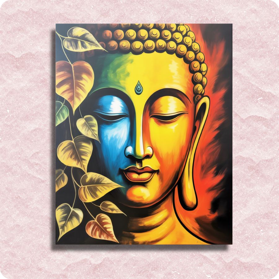 Colorful depiction of Buddha's face with leaves on a textured pink background. Buddha Paint by Numbers