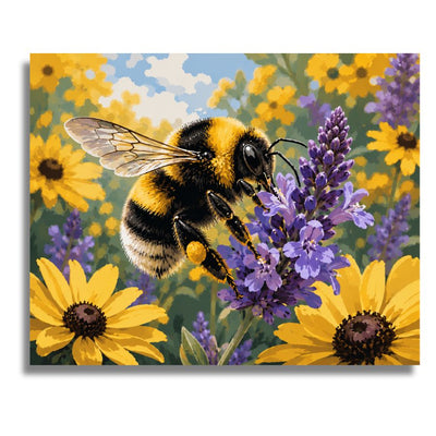 Painting of a bee on lavender flowers with yellow sunflowers in the background. Bumblebee Amongst Yellow Blossoms Canvas - Paint by numbers
