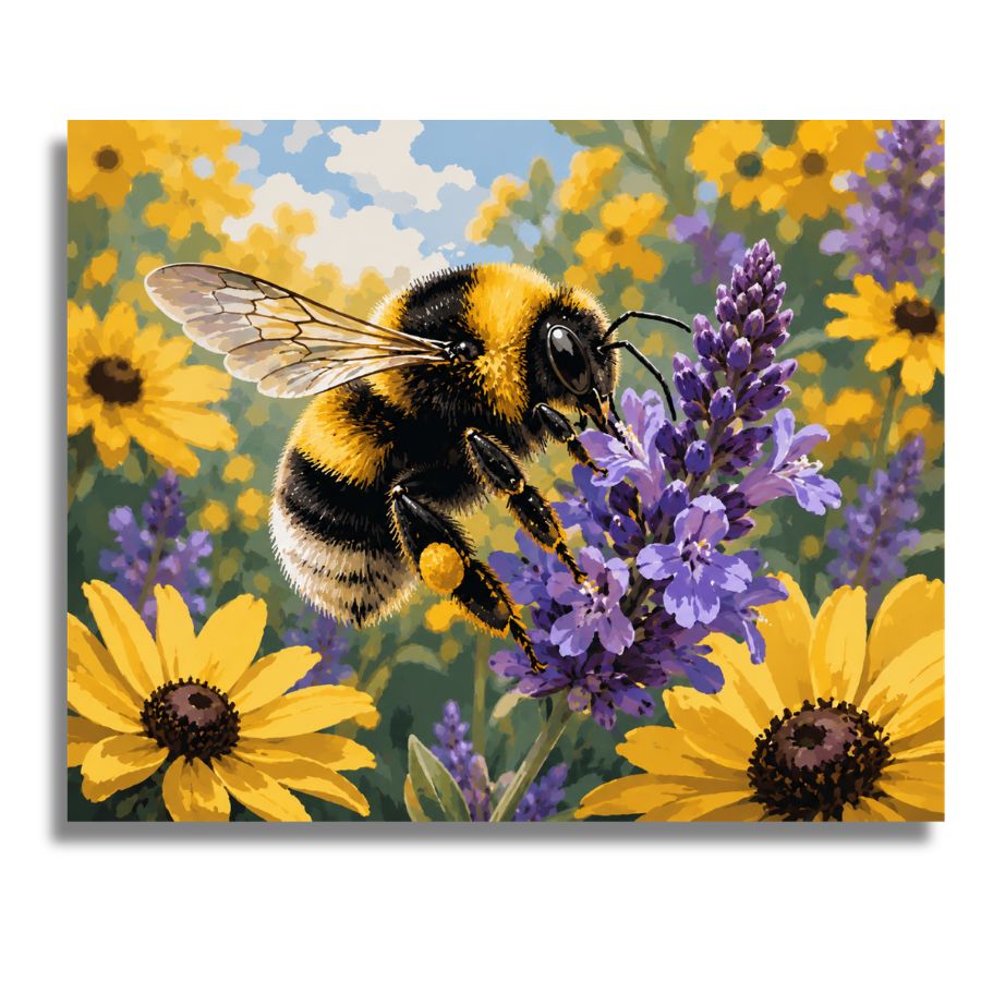 Painting of a bee on lavender flowers with yellow sunflowers in the background. Bumblebee Amongst Yellow Blossoms Canvas - Paint by numbers