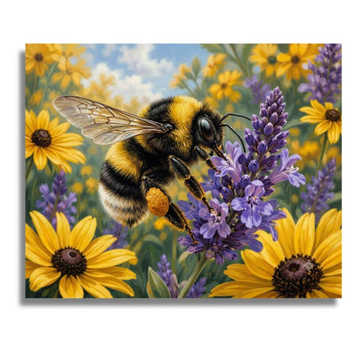 Painting of a bee on lavender flowers with yellow sunflowers in the background. Bumblebee Amongst Yellow Blossoms - Paint by numbers