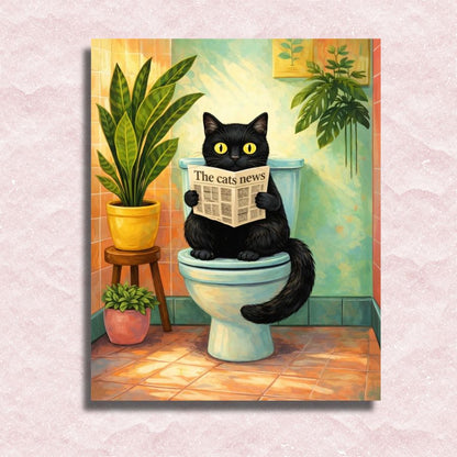 Cat sitting on a toilet reading a newspaper in a bathroom setting with plants. Busy Bathroom Cat - Paint by numbers