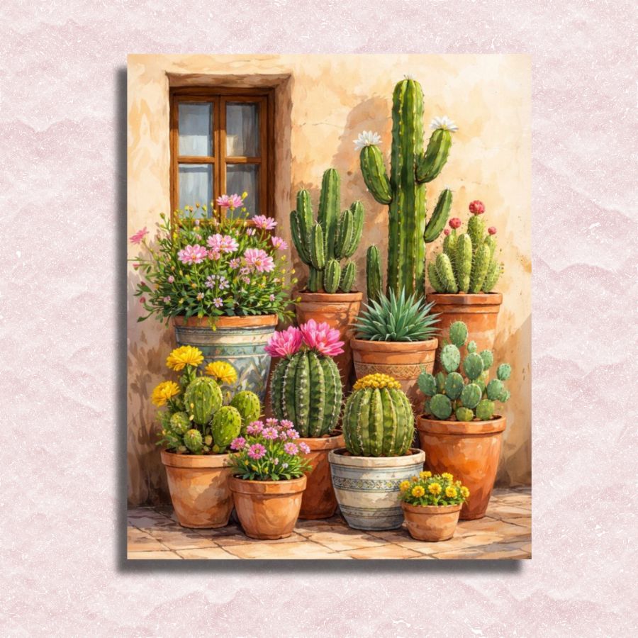 Canvas print of potted cacti and flowers in front of a window. Cactus Garden - Paint by numbers