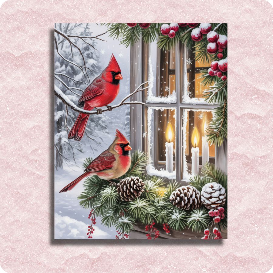 Card with two cardinals, a window with candles, and winter elements on a pink textured background. Cardinal Christmas Eve - Paint by Numbers