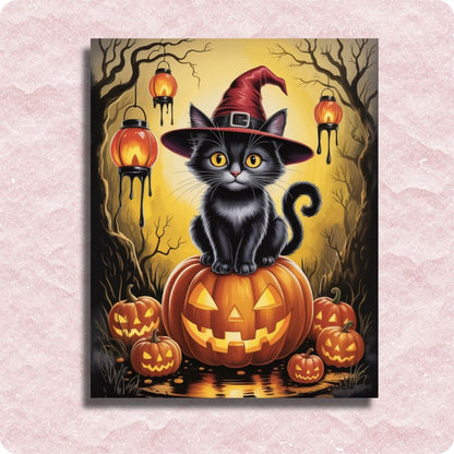 Halloween-themed painting with a black cat in a witch hat on a pumpkin lantern. Cat Witch - Paint by numbers