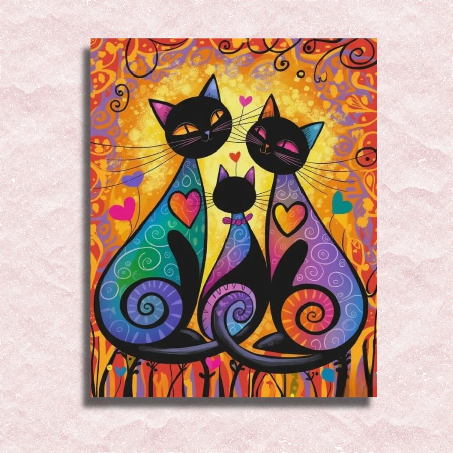 Colorful artwork of three cats on a textured wall. Cat Connection of Love - Paint by numbers