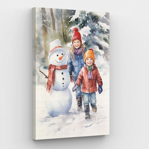 Children with Snowman - Paint by numbers canvas