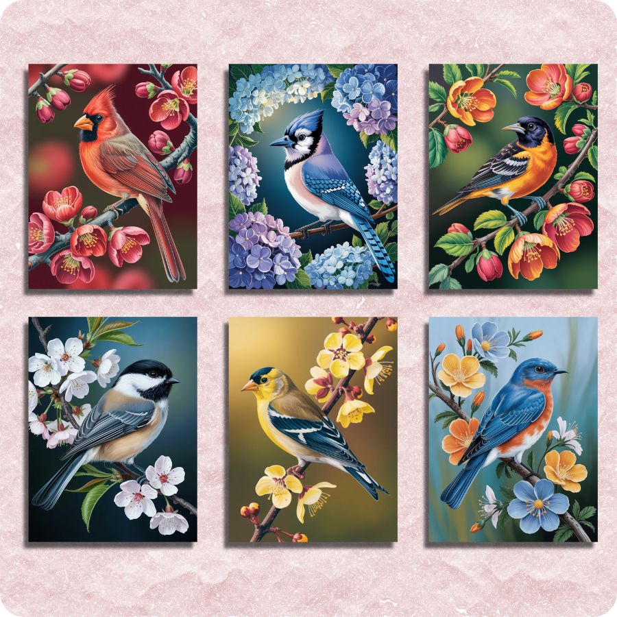 Set of six colorful bird paintings on a pink floral background - Paint by numbers