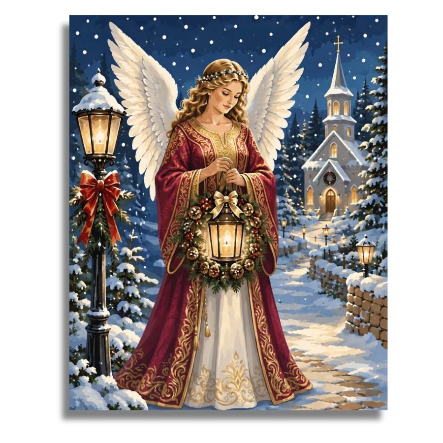 A festive Christmas scene featuring a winged angel in a red and white gown holding a glowing lantern, standing in a snowy village with a church, lit street lamps, and snow-covered trees under a starry night sky. Christmas Angel Canvas - Paint by numbers
