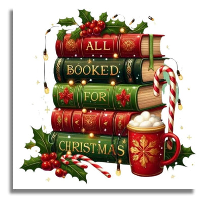 Stack of books with Christmas decorations and a mug on a white background. Christmas Book Stack - Paint by numbers