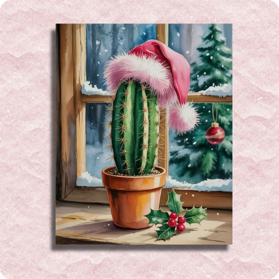 Cactus wearing a Santa hat with a snowy window background. Christmas Cactus Window - Paint by numbers