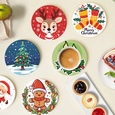 Set of Christmas-themed coasters with a cup of coffee and pastries on a light background. Christmas Coasters Paint by numbers lifestyle