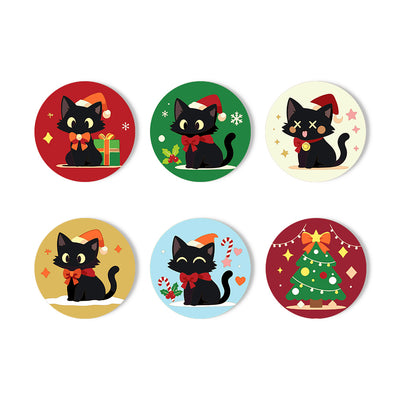 Six round Christmas-themed sticker designs featuring a black cat in festive holiday outfits, including Santa hats, red bows, candy canes, a gift box, a Christmas tree, and snow, arranged in two rows on a white background. Christmas Kitties Coasters - 6 Pack Paint by Numbers