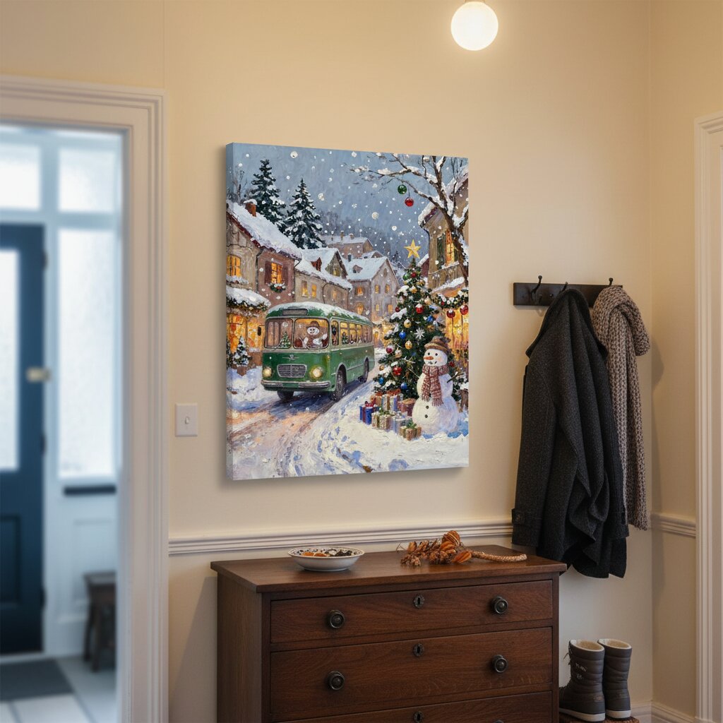 A square canvas wall art print depicting a snowy village street with a green bus, Christmas tree, snowman, and warm glowing houses, displayed above a wooden dresser in a beige hallway with coats on a hook.
