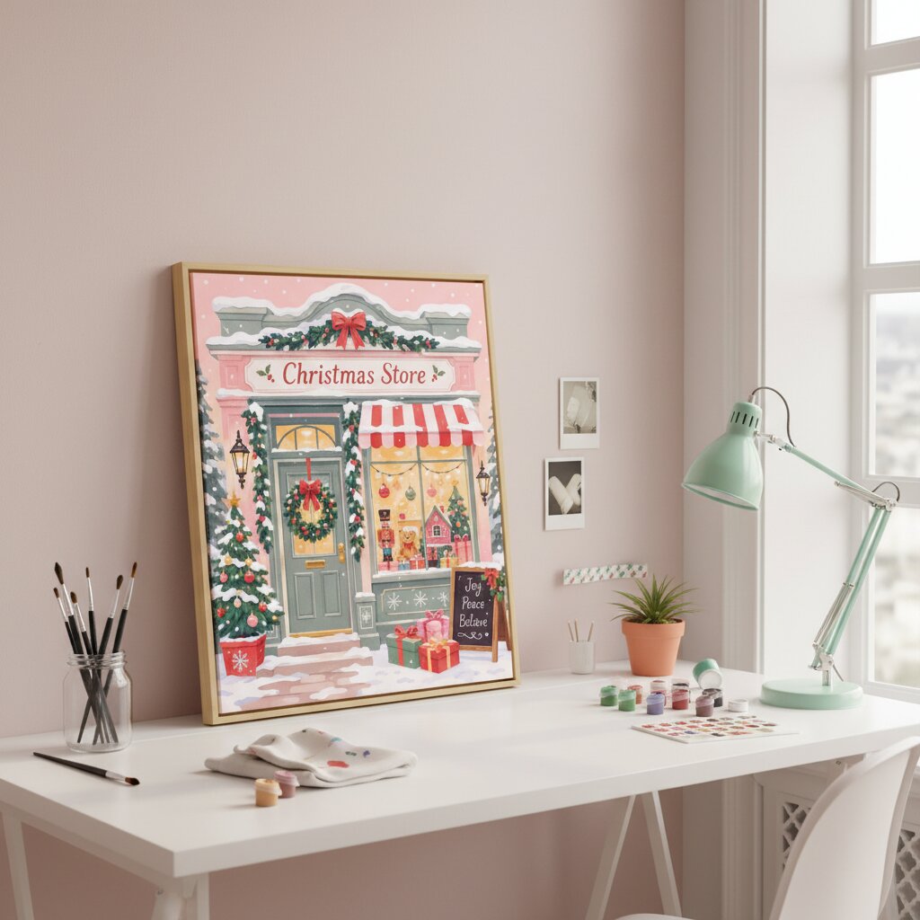 A framed Christmas-themed art print depicting a festive 'Christmas Store' storefront hangs on a light pink wall above a white desk styled with art supplies, a mint green lamp, and a small potted plant.