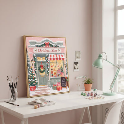 A framed Christmas-themed art print depicting a festive 'Christmas Store' storefront hangs on a light pink wall above a white desk styled with art supplies, a mint green lamp, and a small potted plant.