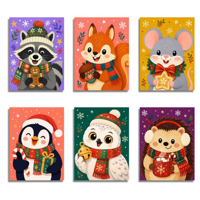 Six Christmas-themed animal illustrations arranged in a 2x3 grid, each on its own colorful card background. The animals are a raccoon, squirrel, mouse, penguin, owl, and hedgehog, all wearing red and green holiday scarves and hats and holding festive gifts or treats. Christmas Funny Animals - Paint by numbers