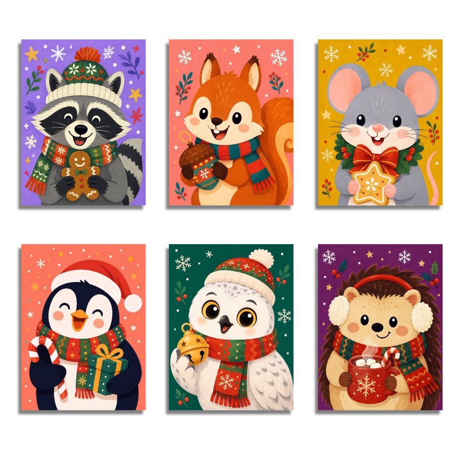 Six Christmas-themed animal illustrations arranged in a 2x3 grid, each on its own colorful card background. The animals are a raccoon, squirrel, mouse, penguin, owl, and hedgehog, all wearing red and green holiday scarves and hats and holding festive gifts or treats. Christmas Funny Animals - Paint by numbers