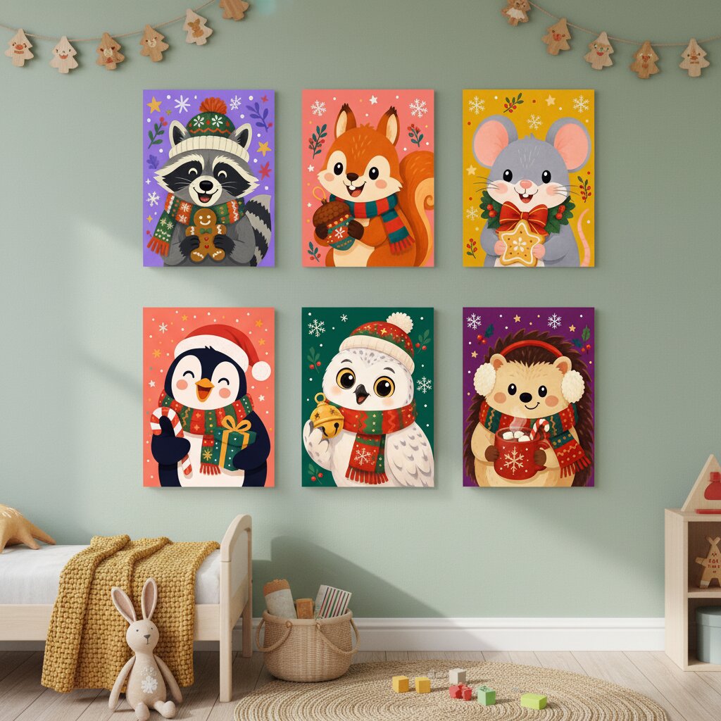 Six colorful Christmas animal canvas prints arranged in a 2x3 grid on a sage green wall in a child's bedroom. The prints feature a raccoon, squirrel, mouse, penguin, owl, and teddy bear wearing winter hats and scarves.