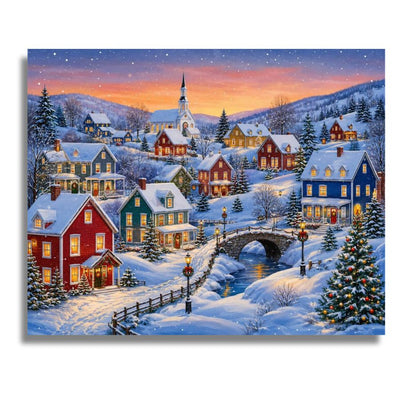 A square canvas print depicting a snowy winter village scene at sunset, with colorful houses, evergreen trees, a church steeple, a small bridge over a river, and a starry sky. The canvas is shown against a plain white background. Christmas in the Town Canvas - Paint by numbers