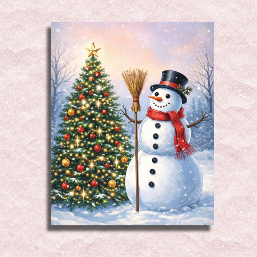 Painting of a snowman with a broom standing next to a decorated Christmas tree in a snowy landscape. Christmas Snowman - Paint by numbers