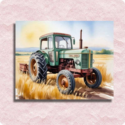 Vintage green tractor in a field with a pink textured border. Classic Tractor - Paint by numbers