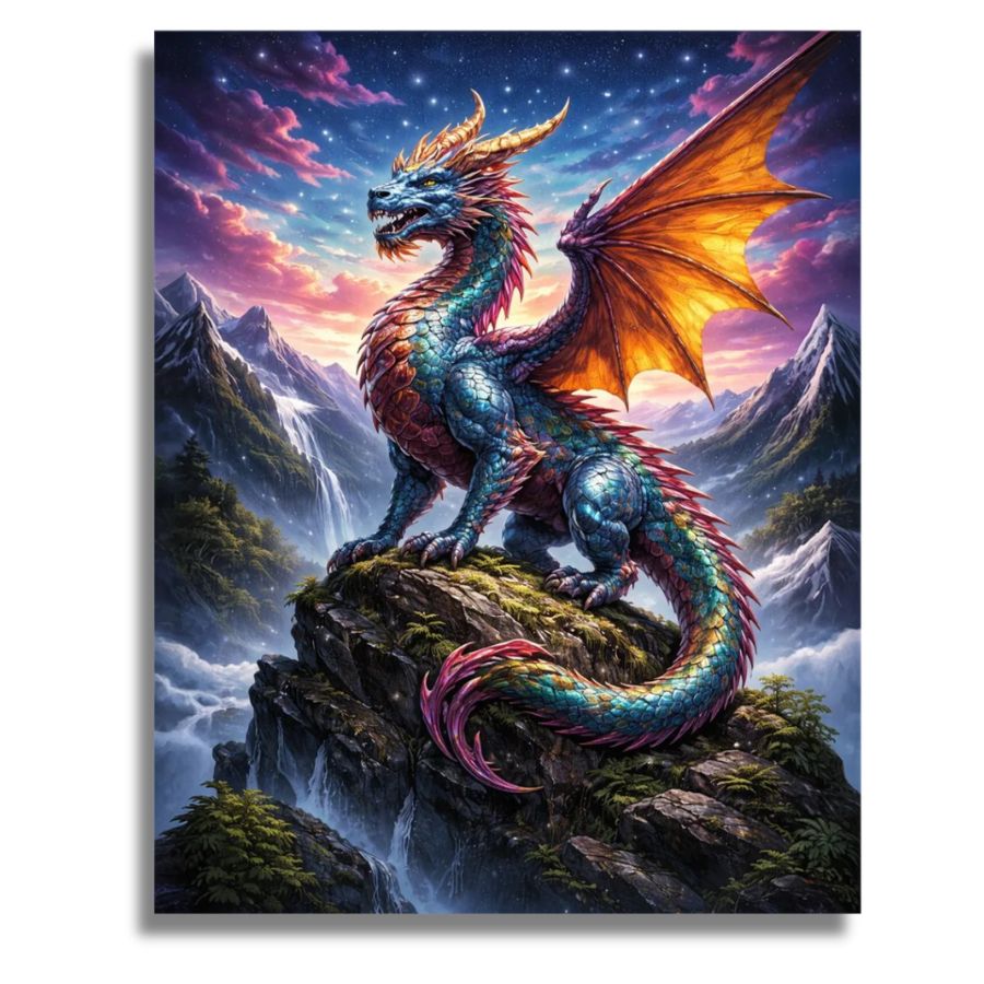 Colorful dragon on a rocky outcrop with mountains and sky in the background. Cliffside Dragon - Paint by numbers