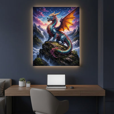 Colorful dragon artwork on a wall above a desk with a laptop.