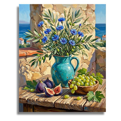 Painting of a blue vase with flowers, figs, and grapes on a table with a coastal background. Coastal Mediterranean Vase - Paint by numbers