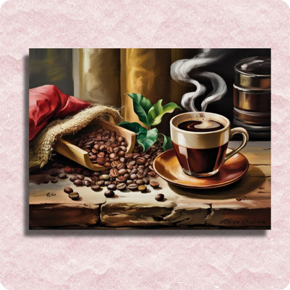 A paint by numbers painting depicting a cup of steaming coffee on a saucer with scattered coffee beans around it, including a burlap sack, set on a rustic wooden table with a small green plant in the background.