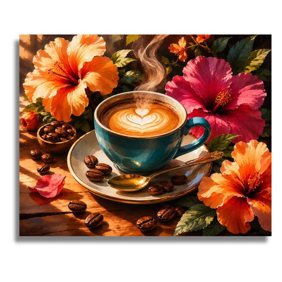 Tea cup with latte art on a wooden surface surrounded by flowers and coffee beans. Coffee Cup - Paint by numbers