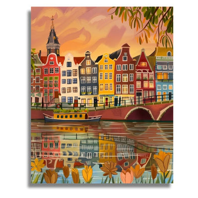 Colorful painting of a canal scene with houses and a bridge. Colorful Amsterdam Reflections