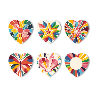 Six heart-shaped decorative stickers or cards arranged in two rows on a white background. Each heart features a colorful retro floral, butterfly, shell, and striped pattern in shades of yellow, orange, red, pink, blue, green, and beige. Colorful Kaleidoscope Coasters - 6 Pack Paint by Numbers
