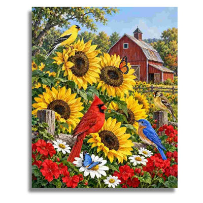 A colorful landscape painting or print showing a red barn, large yellow sunflowers, red and white flowers, and several birds including a cardinal, bluebird, goldfinch, and butterfly in a garden scene. Country Garden Birds - Paint by numbers