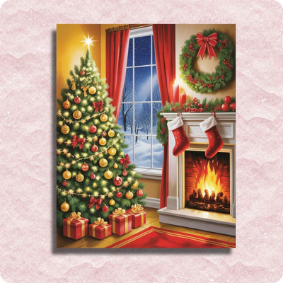Christmas scene with decorated tree, fireplace, stockings, and wreath on a pink textured background. Cozy Christmas Hearth - Paint by numbers