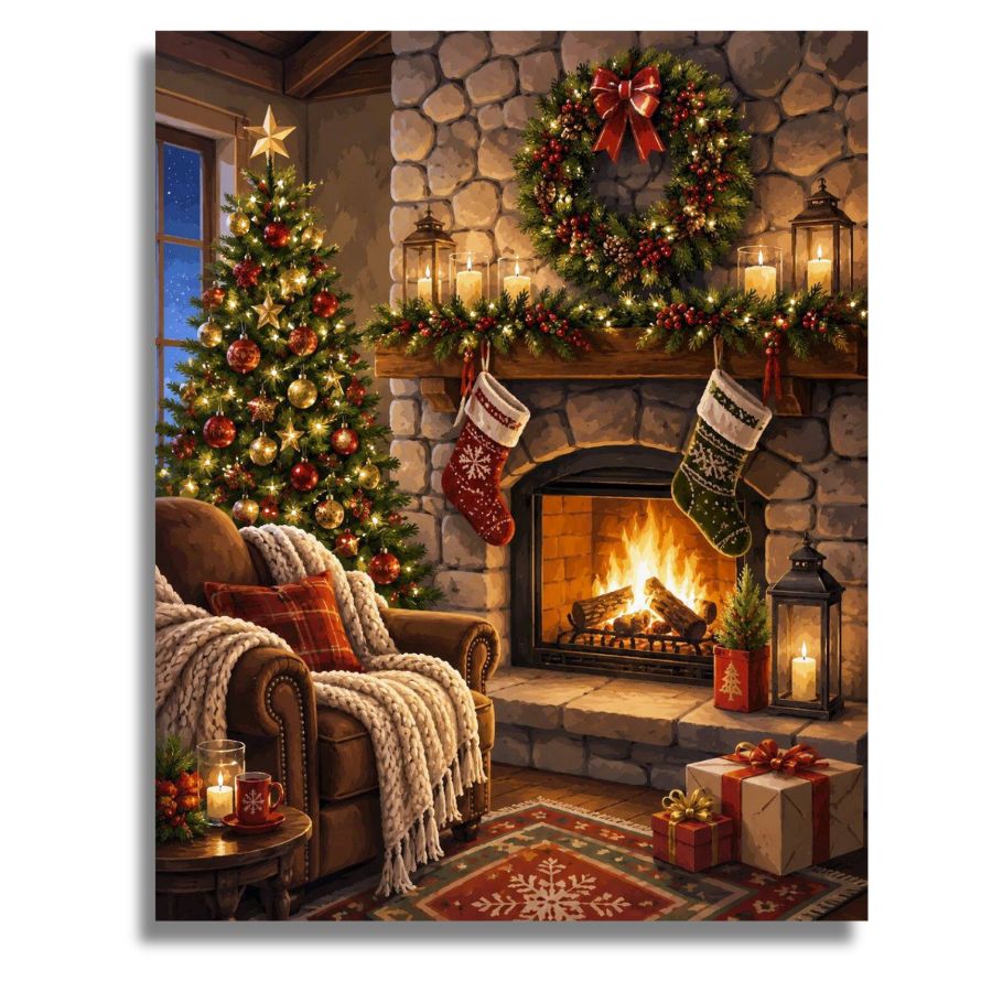 A festive Christmas living room scene with a decorated tree, stone fireplace, wreath, stockings, lanterns, wrapped gifts, and a cozy armchair. The scene appears as a printed artwork or poster shown against a plain white background. Cozy Christmas Hearth - Paint by numbers