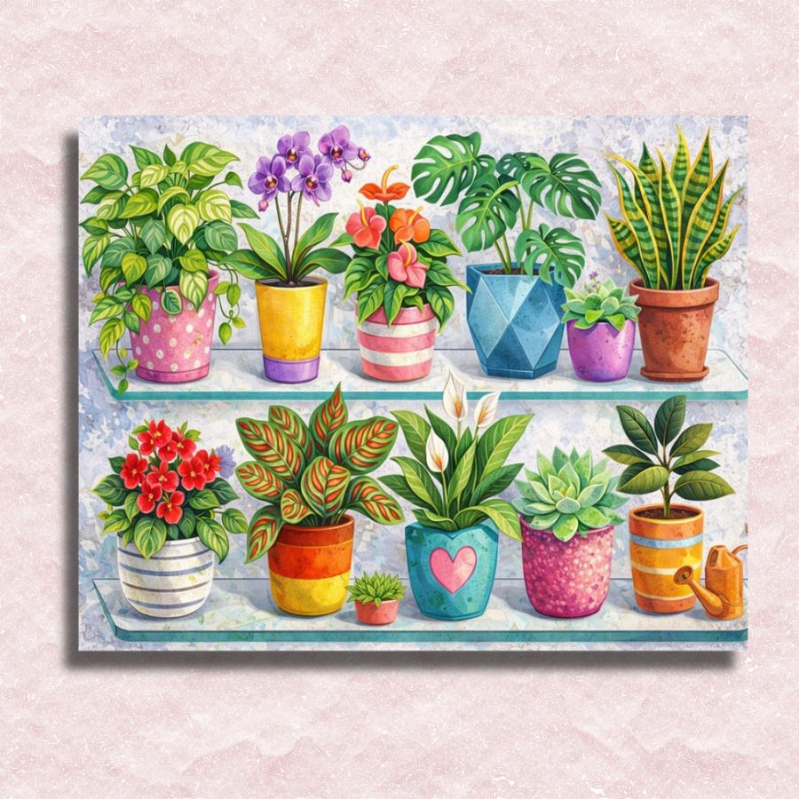 Colorful illustration of various potted plants on a shelf with a light pink background. Cozy Houseplants Shelf - Paint by numbers