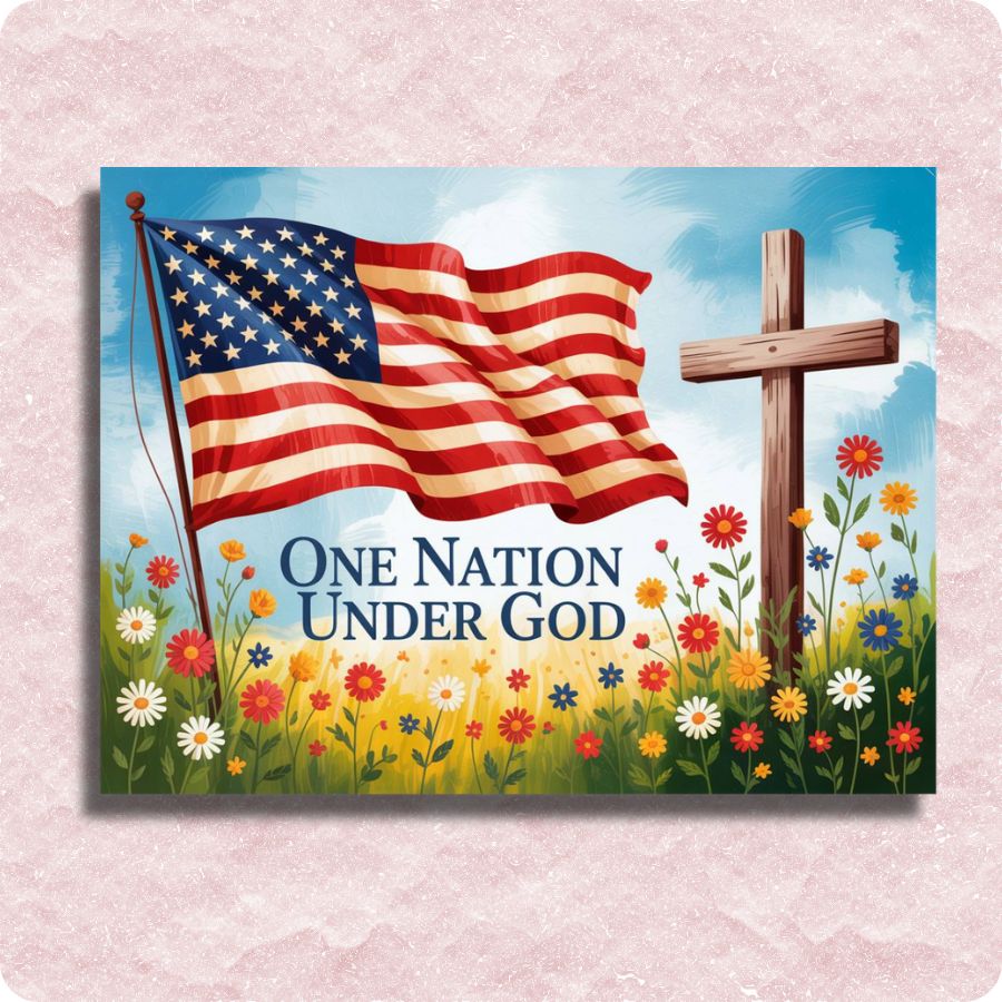 Cross and Glory - Paint by numbers -American flag, cross, and flowers with 'One Nation Under God' text on a colorful background