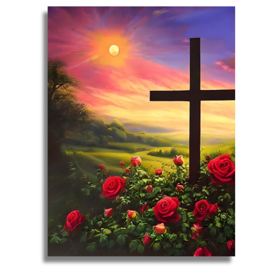 A vertical canvas wall art print depicting a black cross in a field of red roses under a vibrant sunset sky with a glowing sun and rolling green hills. Cross in the Rose Garden Canvas - Paint by numbers