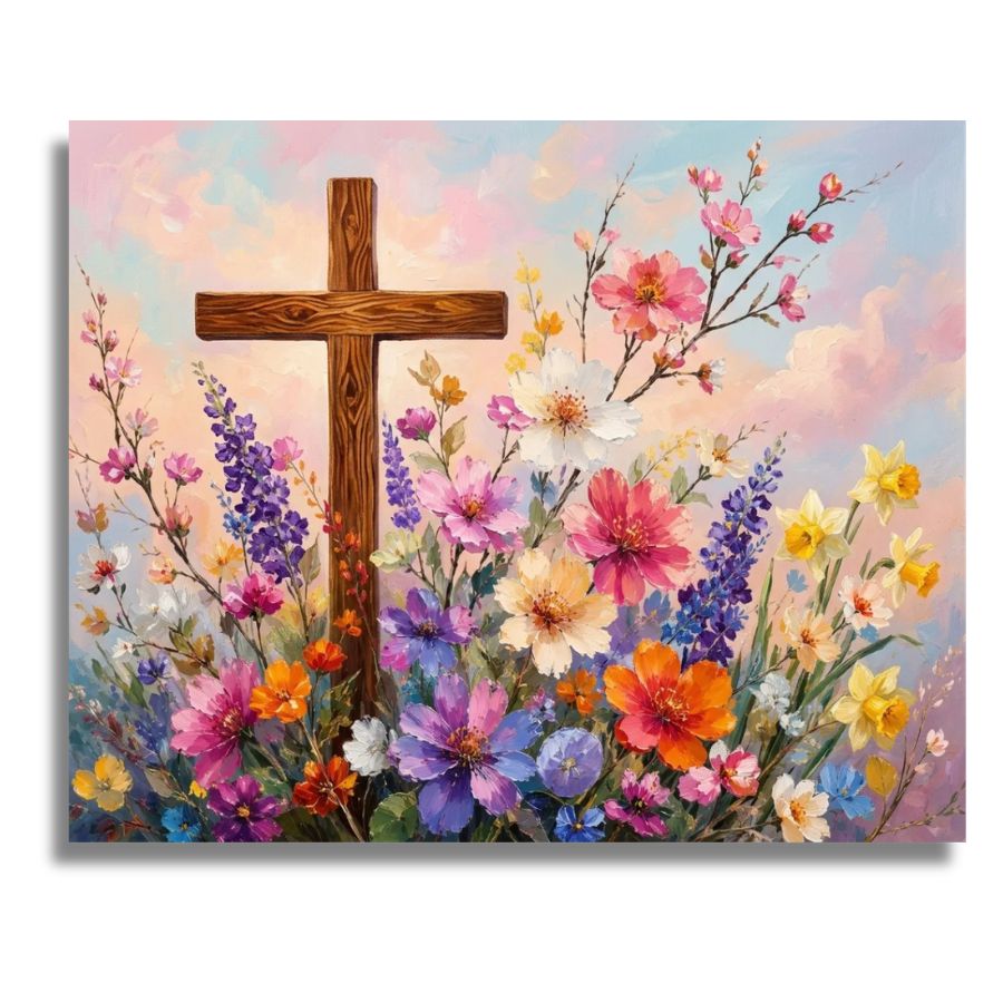 Painting of a wooden cross surrounded by colorful flowers with a soft sky background. Cross with Flowers - Paint by numbers