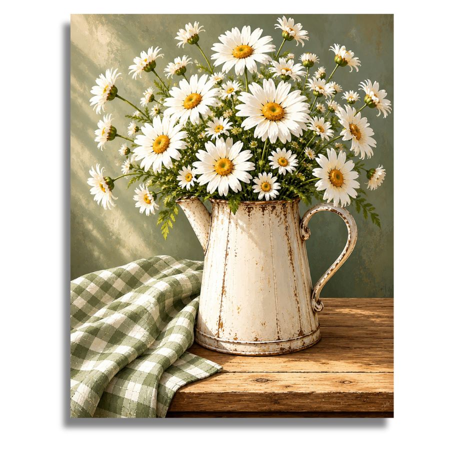 White daisies in a rustic white pitcher on a wooden surface with a green checkered cloth. Daisies Canvas - Paint by numbers